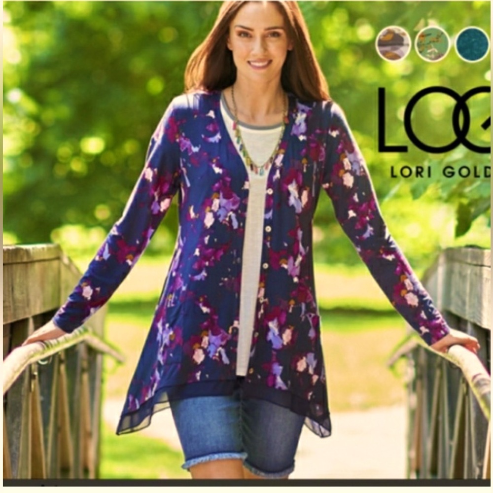 LOGO By Lori Goldstein Button Front Cardigan V Neck Blue/Purple Size Large